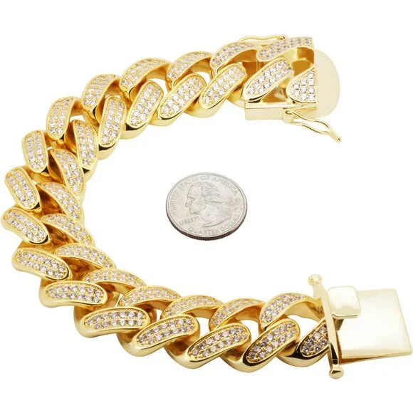 14k Yellow/White GP AAA CZ 24mm Cuban Link Chain Necklace Bracelet 9”-30”